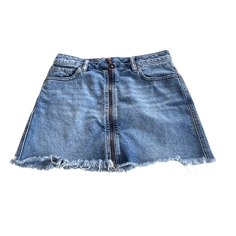 We The Free Distressed Denim Mini Skirt With Frayed Hem & Front Zipper Size 25